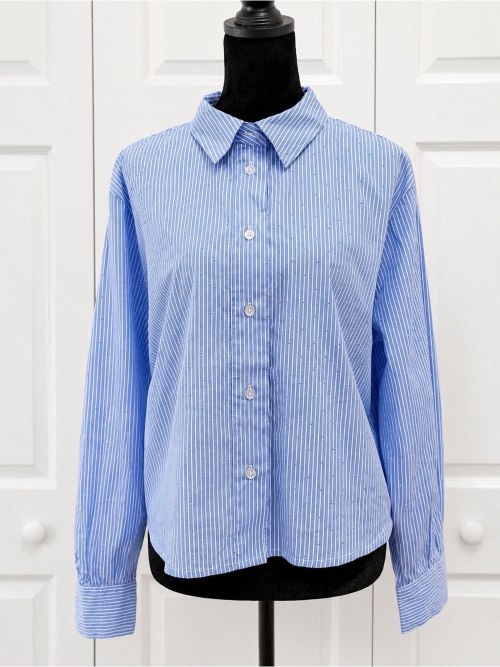 Velvet Light Blue Rhinestone Pinstripe Button-Down Shirt